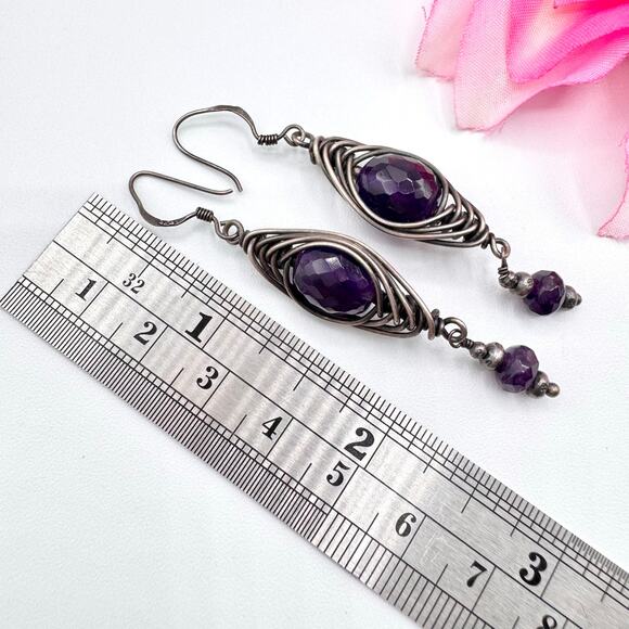 Genuine Amethyst Silver Wire Wrapped Dangle Earrings Artisan Tested Bohemian - Picture 8 of 11